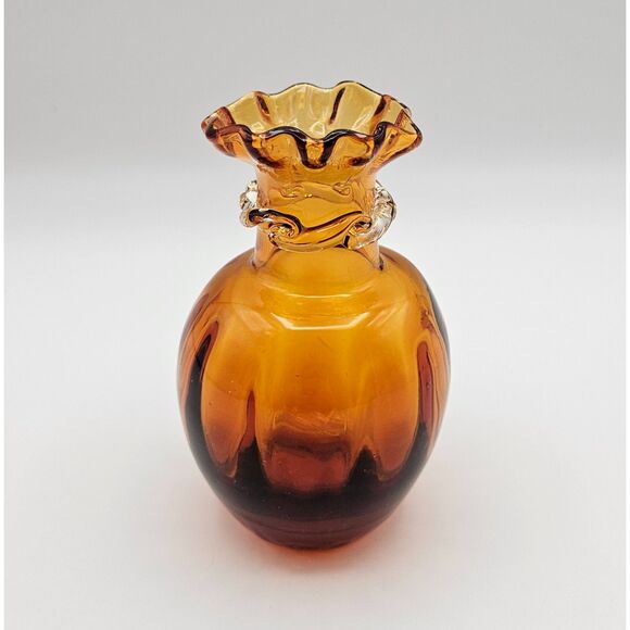 Pilgrim Glass Bud Vase Honey Amber Hand Blown Art Glass Ruffle Rim Vintage - Picture 1 of 10